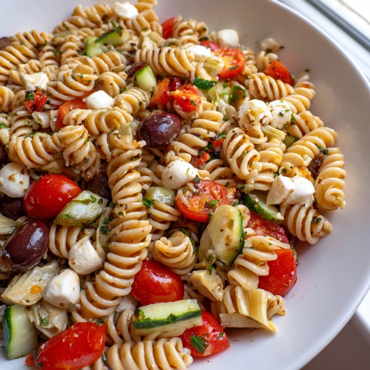 Vegetarian Italian pasta salad tossed with crisp vegetables and tangy vinaigrette on a rustic table