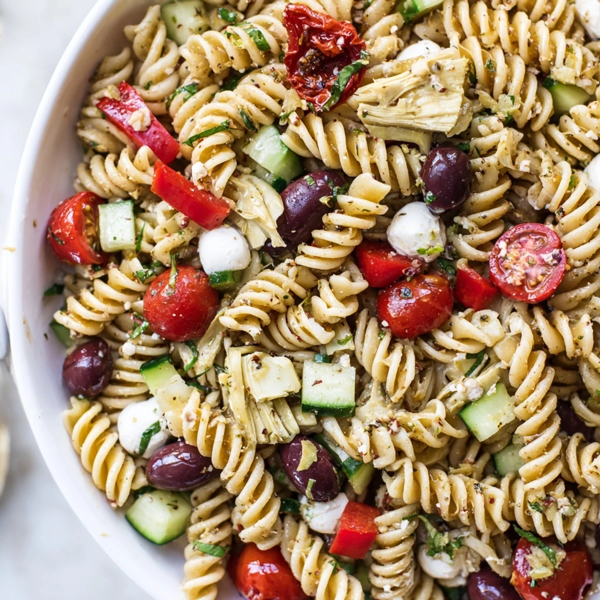 Creamy mozzarella and fresh basil top a vibrant Italian pasta salad ready for serving