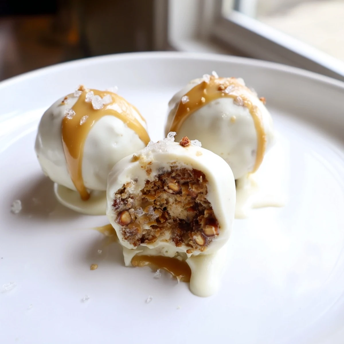 Creamy salted caramel pretzel cheesecake balls drizzled with golden caramel on a rustic tray