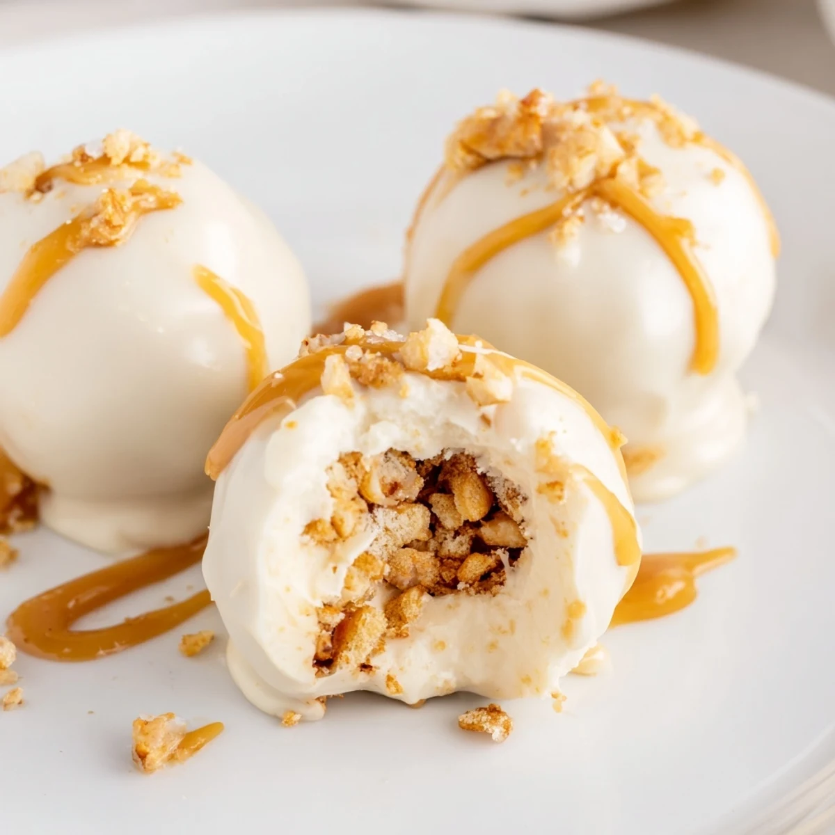 Golden caramel drips over chocolate-dipped salted caramel pretzel cheesecake balls with crunchy coatings