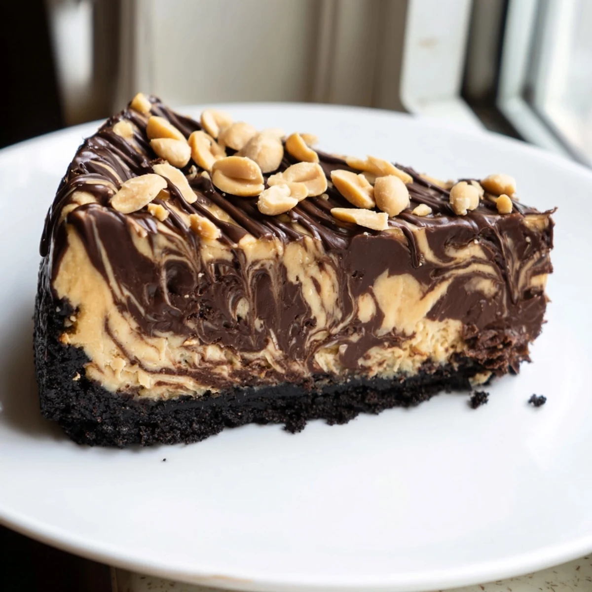 Creamy chocolate peanut butter cheesecake with marbled filling on a cookie crust
