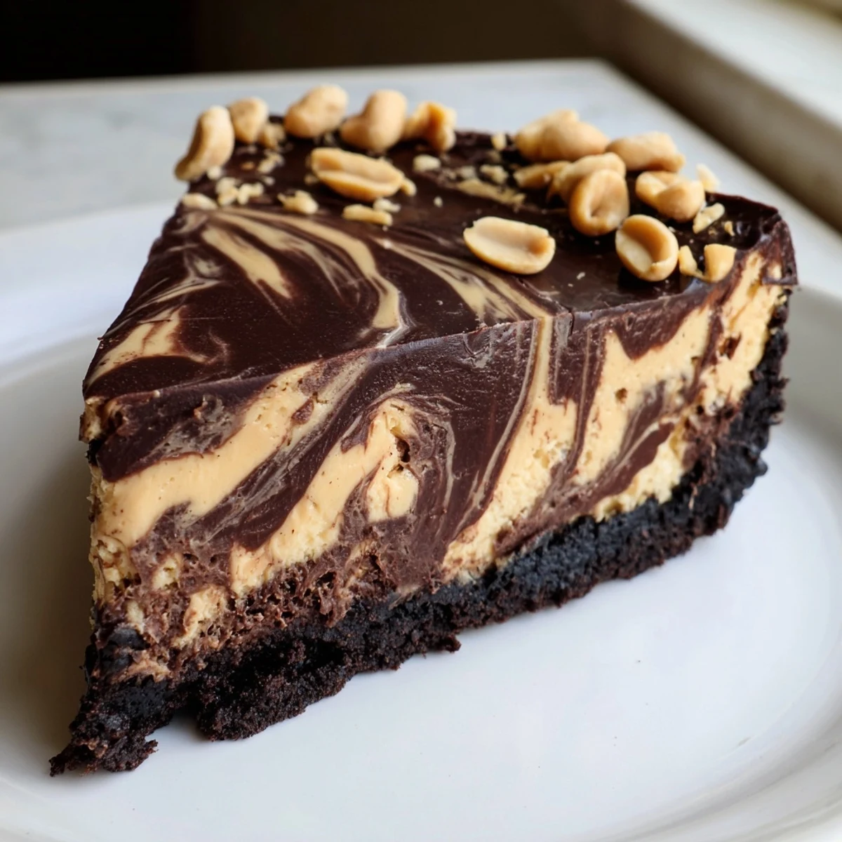 Decadent chocolate peanut butter cheesecake swirled with peanut butter on a chocolate cookie base