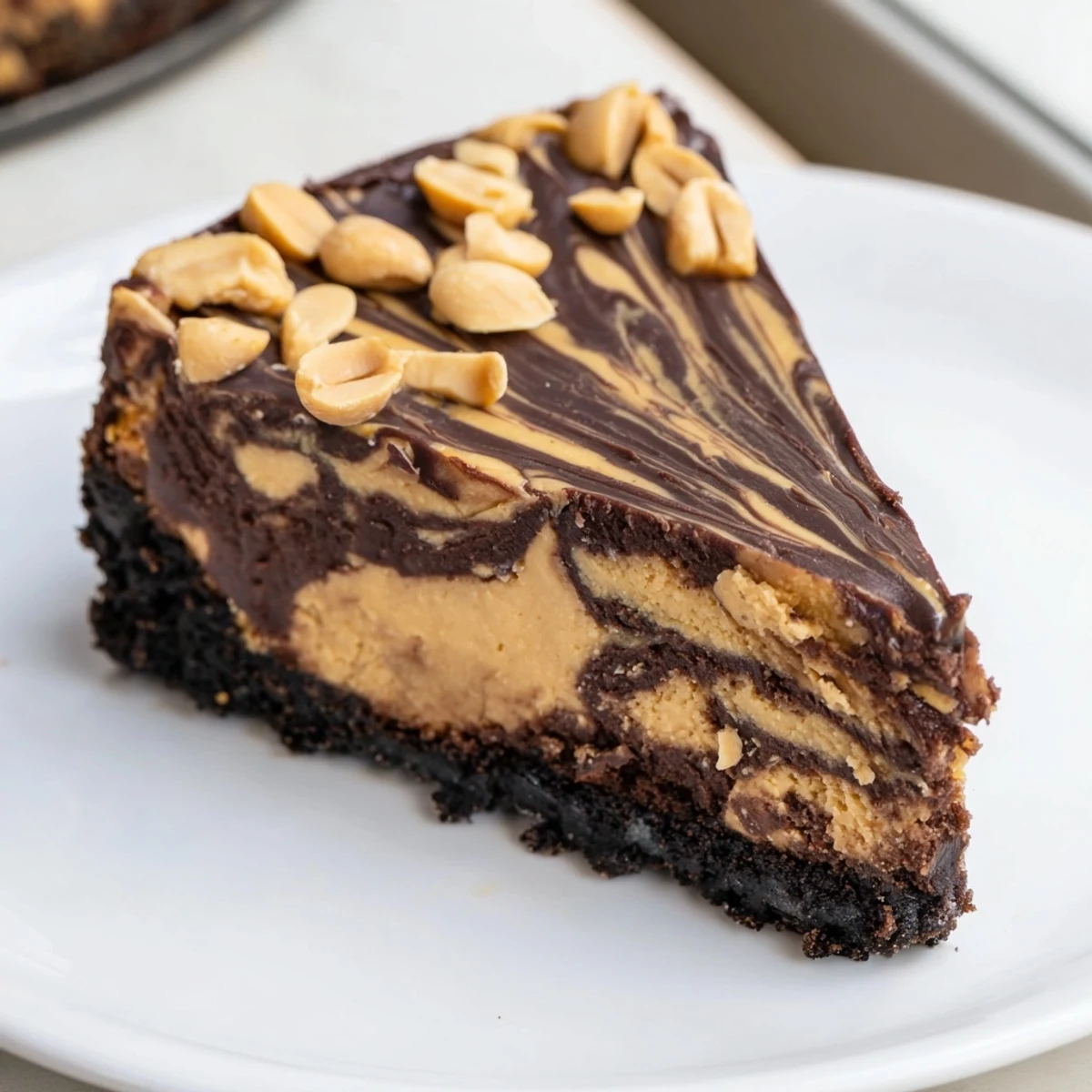 Rich chocolate peanut butter cheesecake slice topped with glossy ganache and chopped peanuts