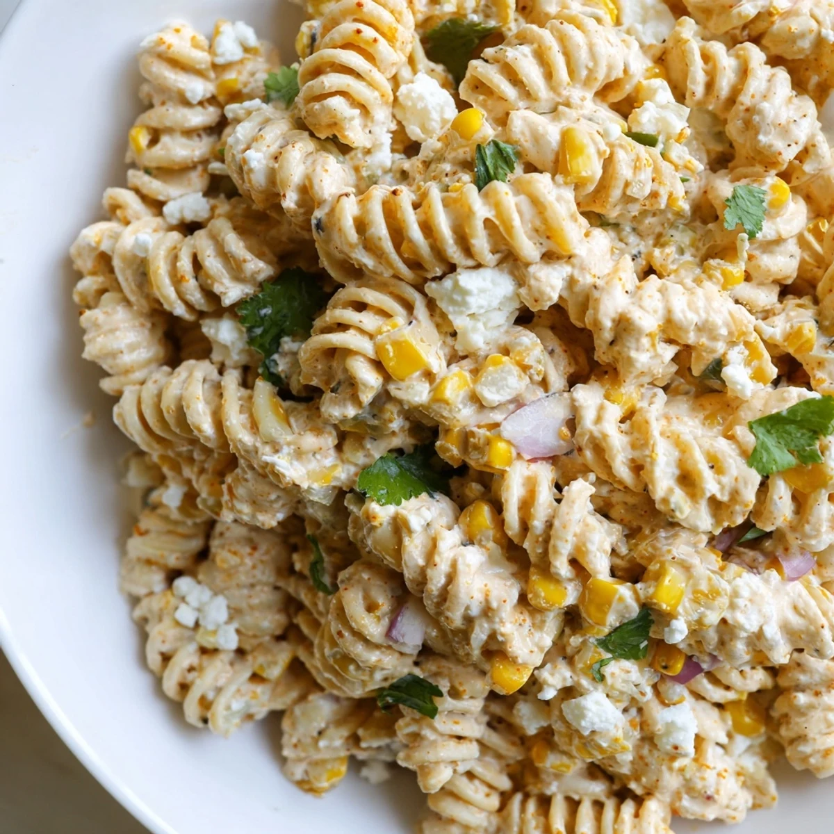 Creamy elote pasta salad loaded with charred corn, cotija cheese, and fresh cilantro