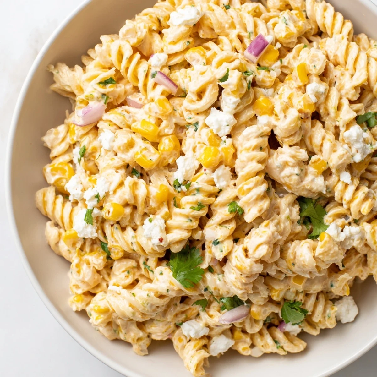 Vibrant elote pasta salad tossed in a smoky lime dressing with crumbled cotija