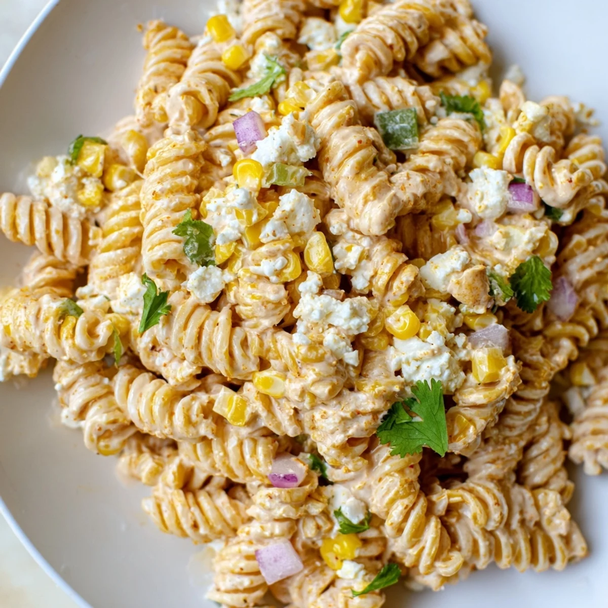 Chilled elote pasta salad garnished with cilantro and lime wedges in a tangy cream sauce
