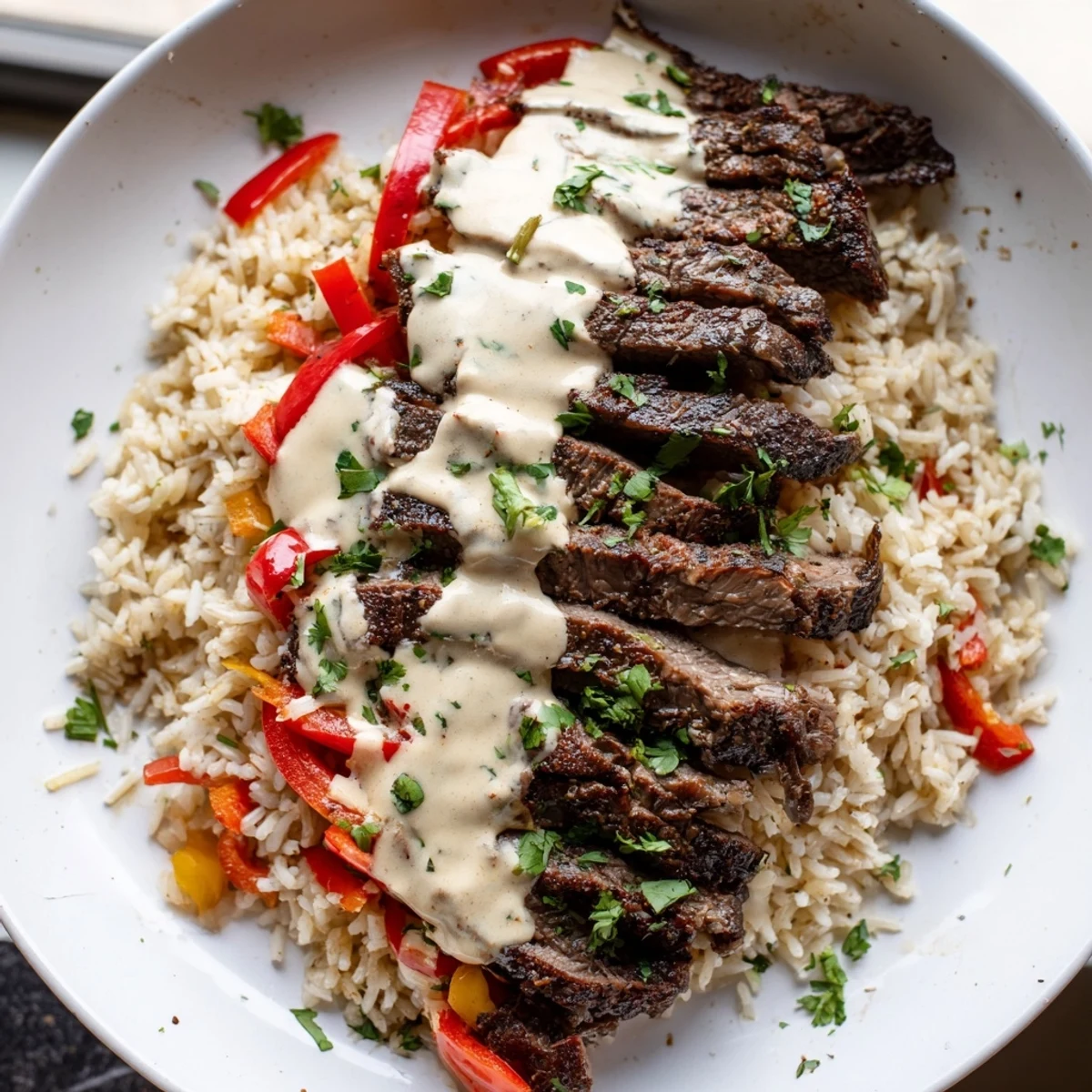 Creamy steak queso rice topped with melted cheese sauce and fresh cilantro