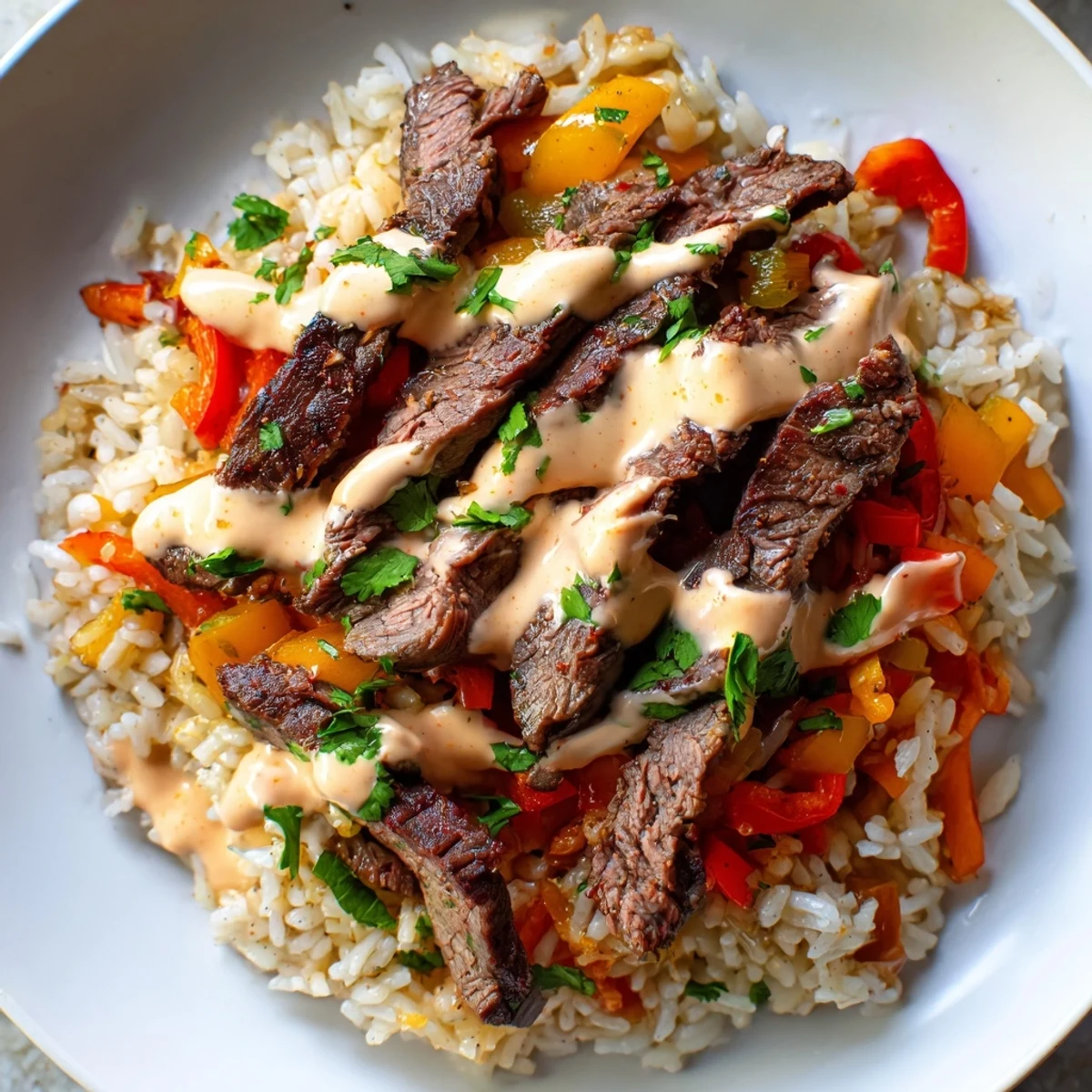 Warm steak queso rice drizzled with smooth queso and garnished with chopped cilantro