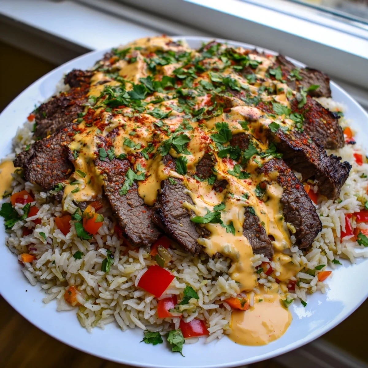 Sizzling steak queso rice in a skillet with colorful bell peppers and onions