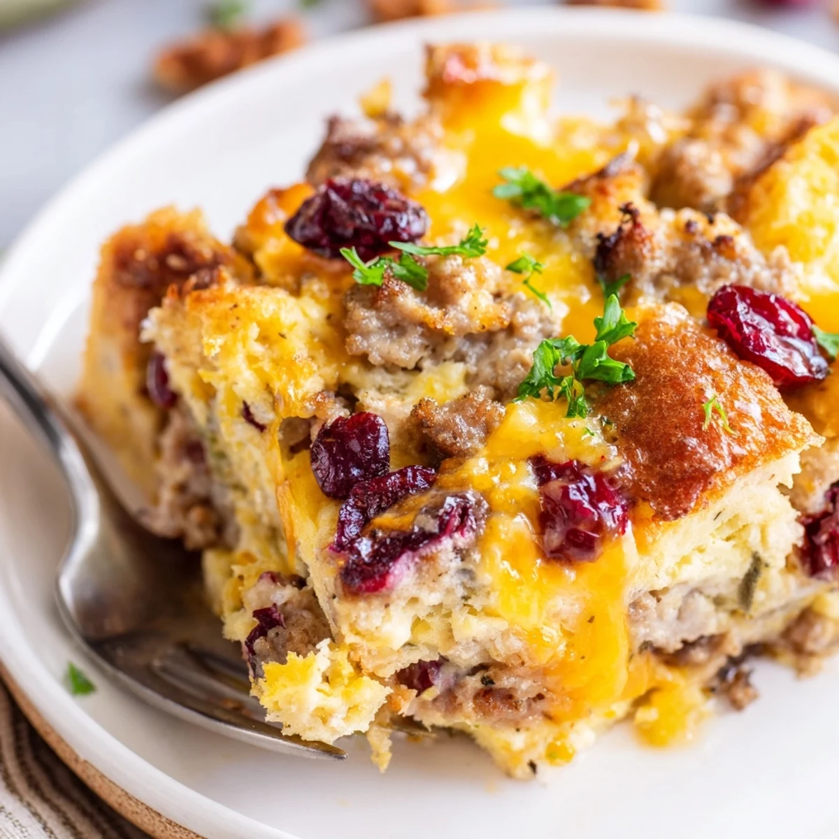 Golden baked cranberry sausage stuffing breakfast casserole with melted cheddar and fresh herbs
