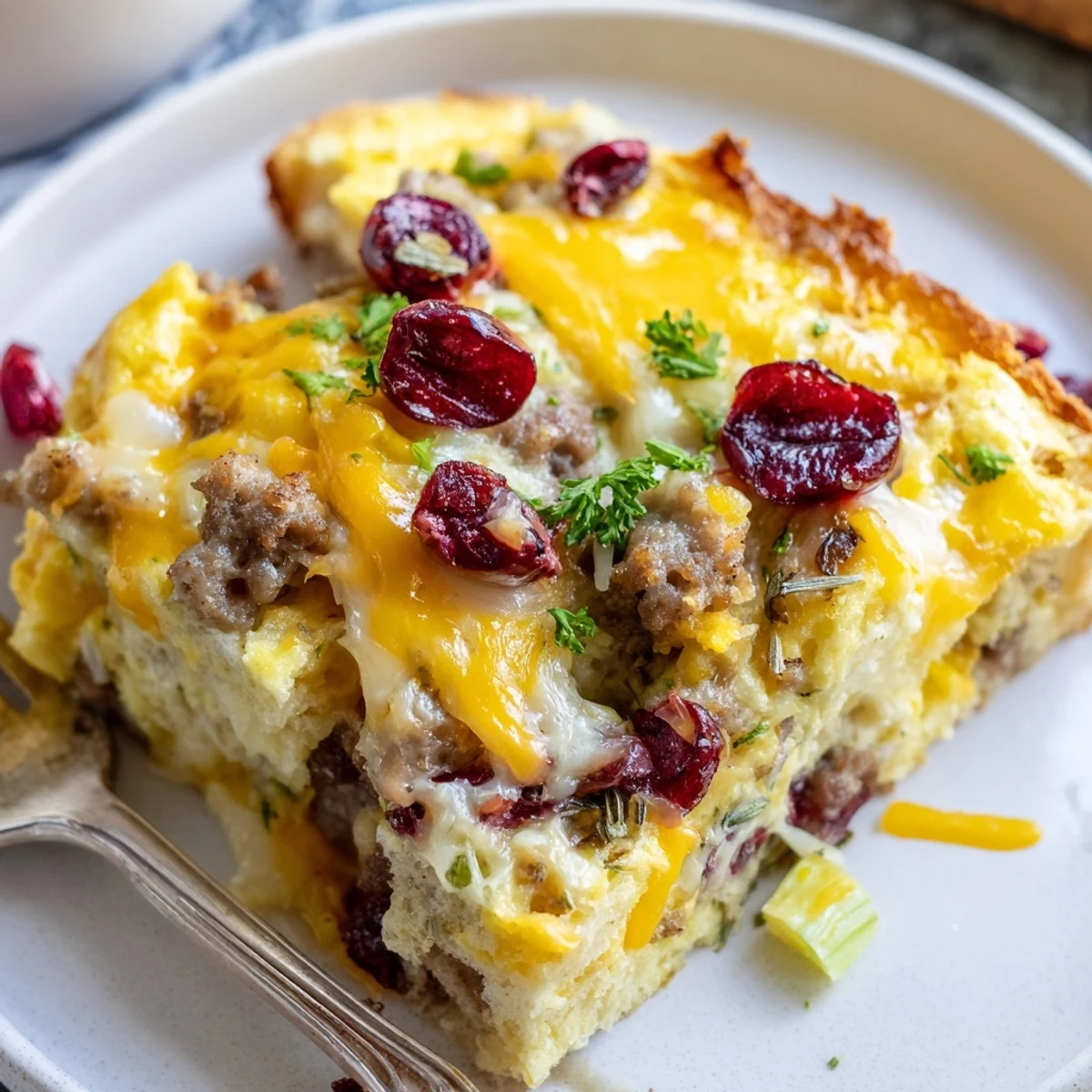 Steaming cranberry sausage stuffing breakfast casserole scooped onto a plate with parsley garnish