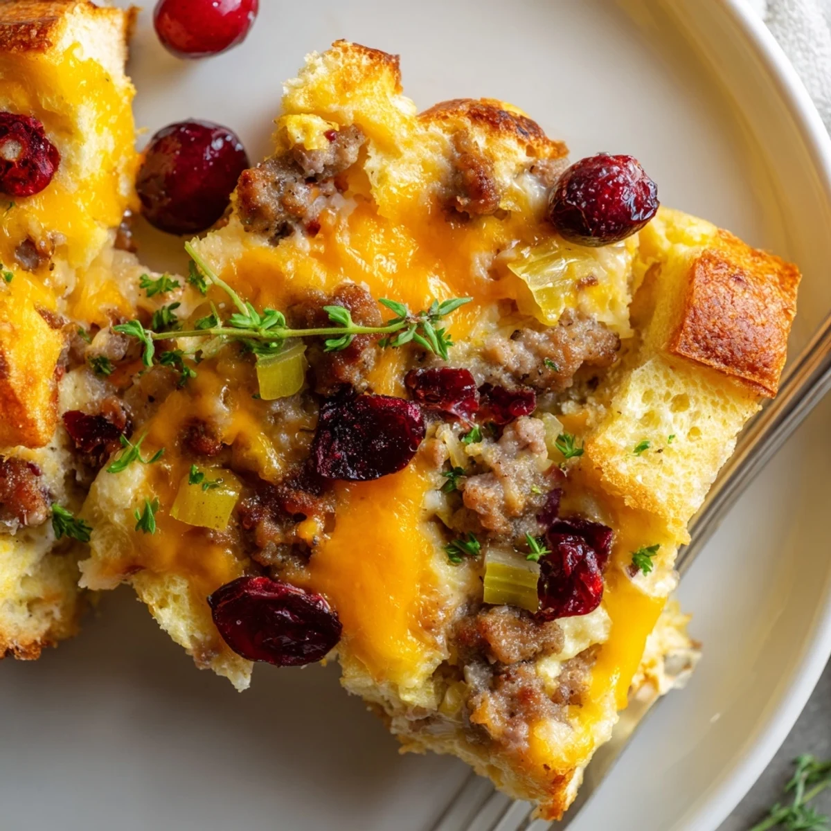 Close-up of cranberry sausage stuffing breakfast casserole showing crispy bread crust and bubbling cheese