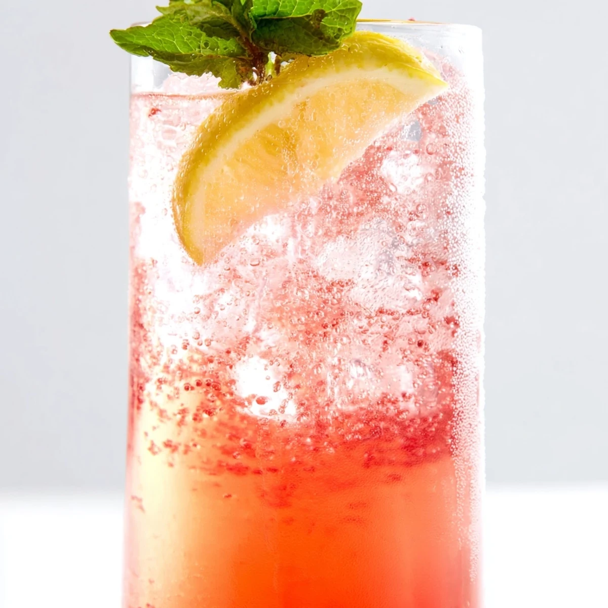 Bubbly honey lemon pink soda poured over ice with fresh mint garnish