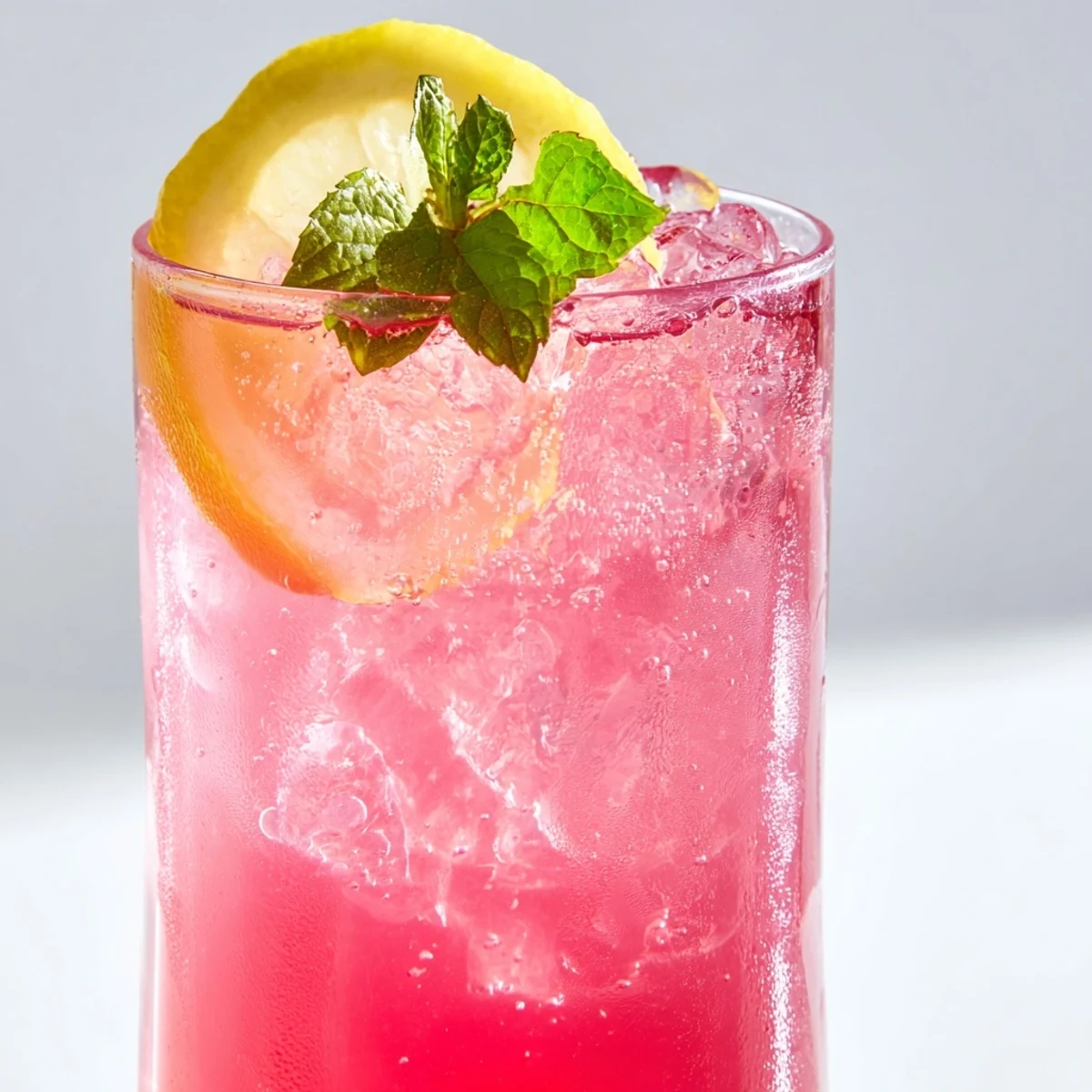 Refreshing honey lemon pink soda topped with lemon slices and crushed ice
