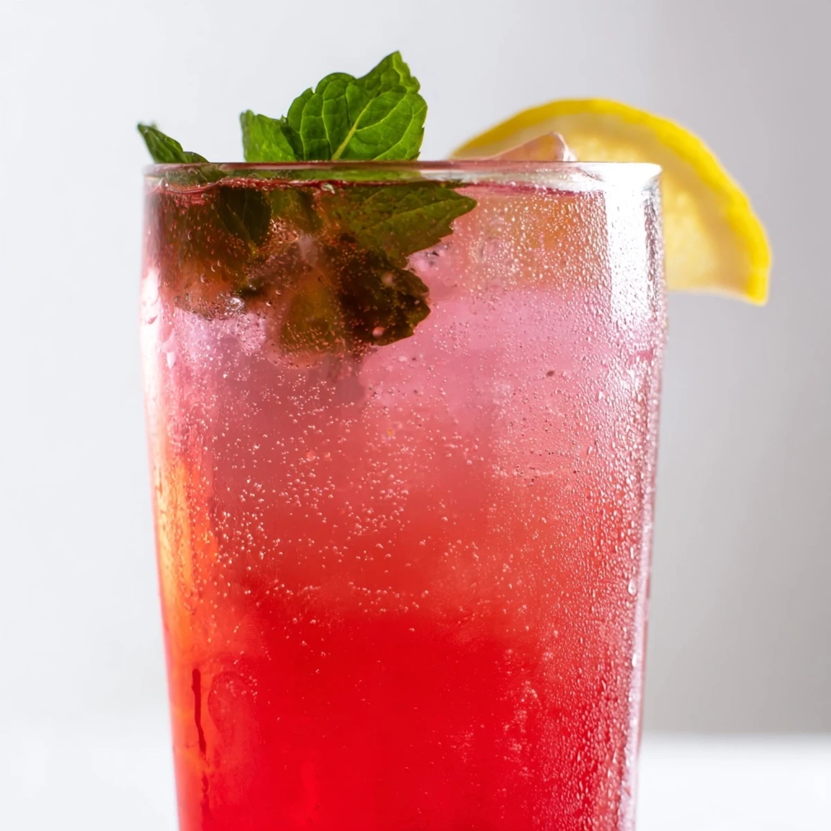 Sparkling honey lemon pink soda in a tall glass with raspberry undertones