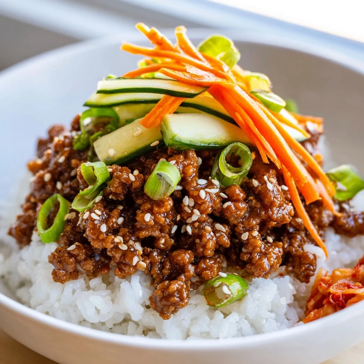Korean ground beef bowl with glossy sesame-drizzled beef piled over fluffy steamed white rice