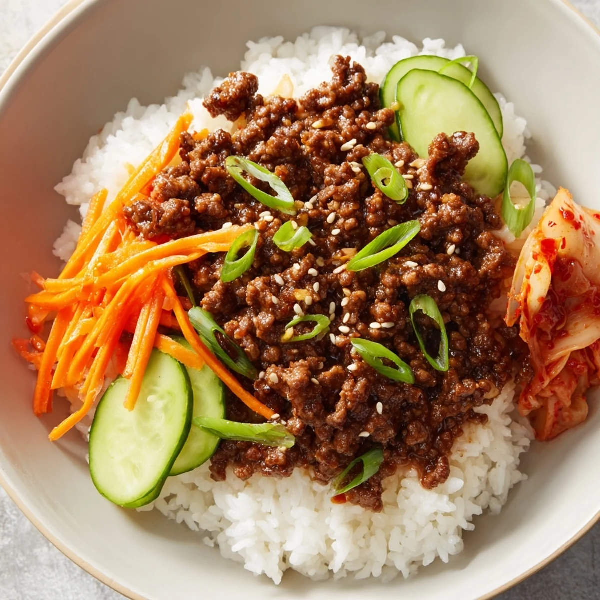 Savory Korean ground beef bowl topped with crisp julienned carrots, cucumbers, and green onions