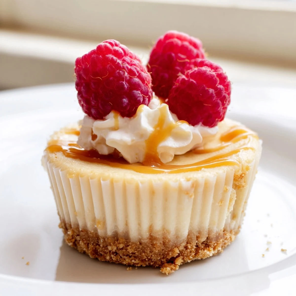 Individual mini cheesecakes with whipped cream and chocolate ganache at a party table