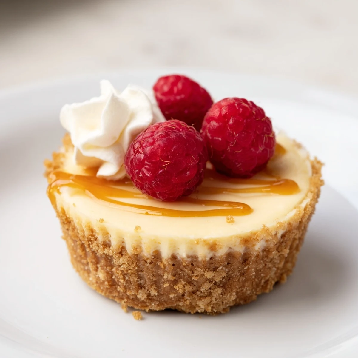 Mini cheesecakes drizzled with rich caramel sauce sitting on a rustic dessert plate