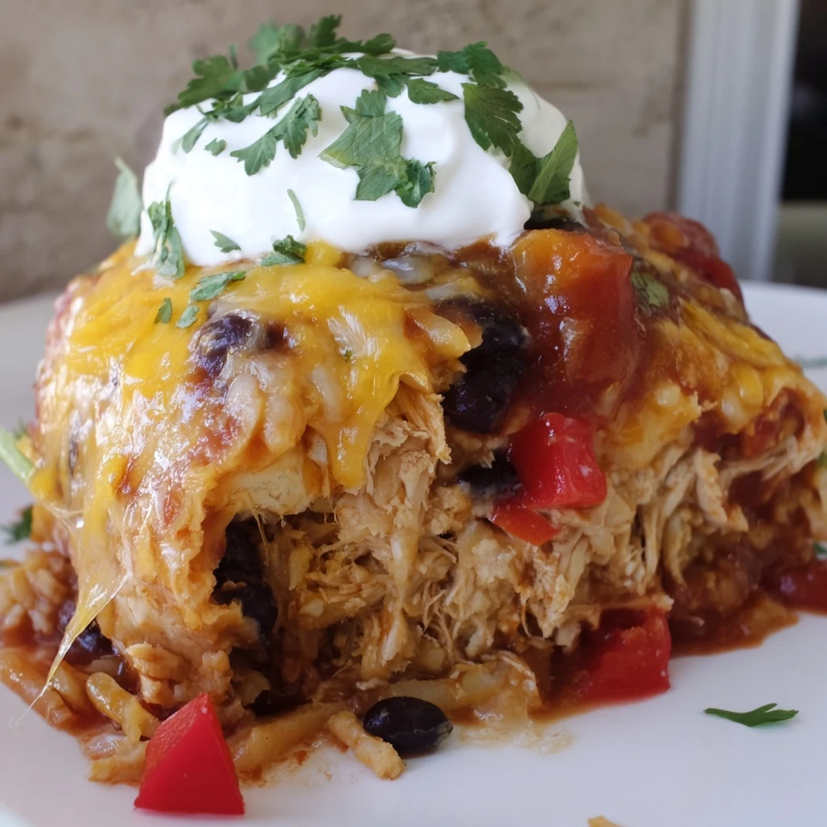 Golden bubbling chicken burrito casserole fresh from the oven with melted cheddar cheese
