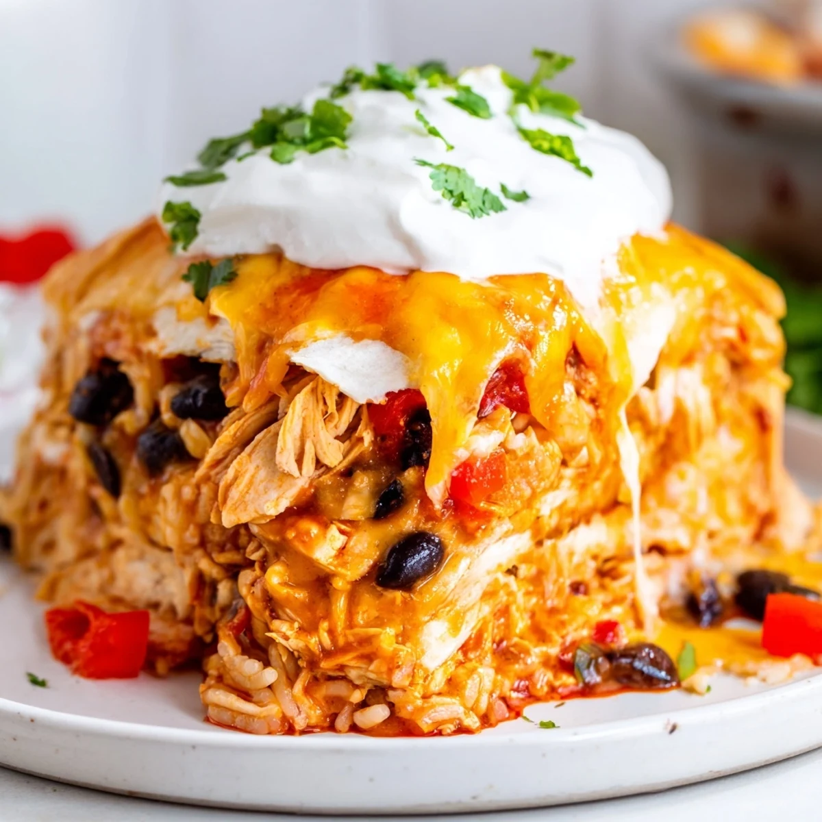 Creamy sour cream dolloped over a hearty chicken burrito casserole with fresh cilantro garnish