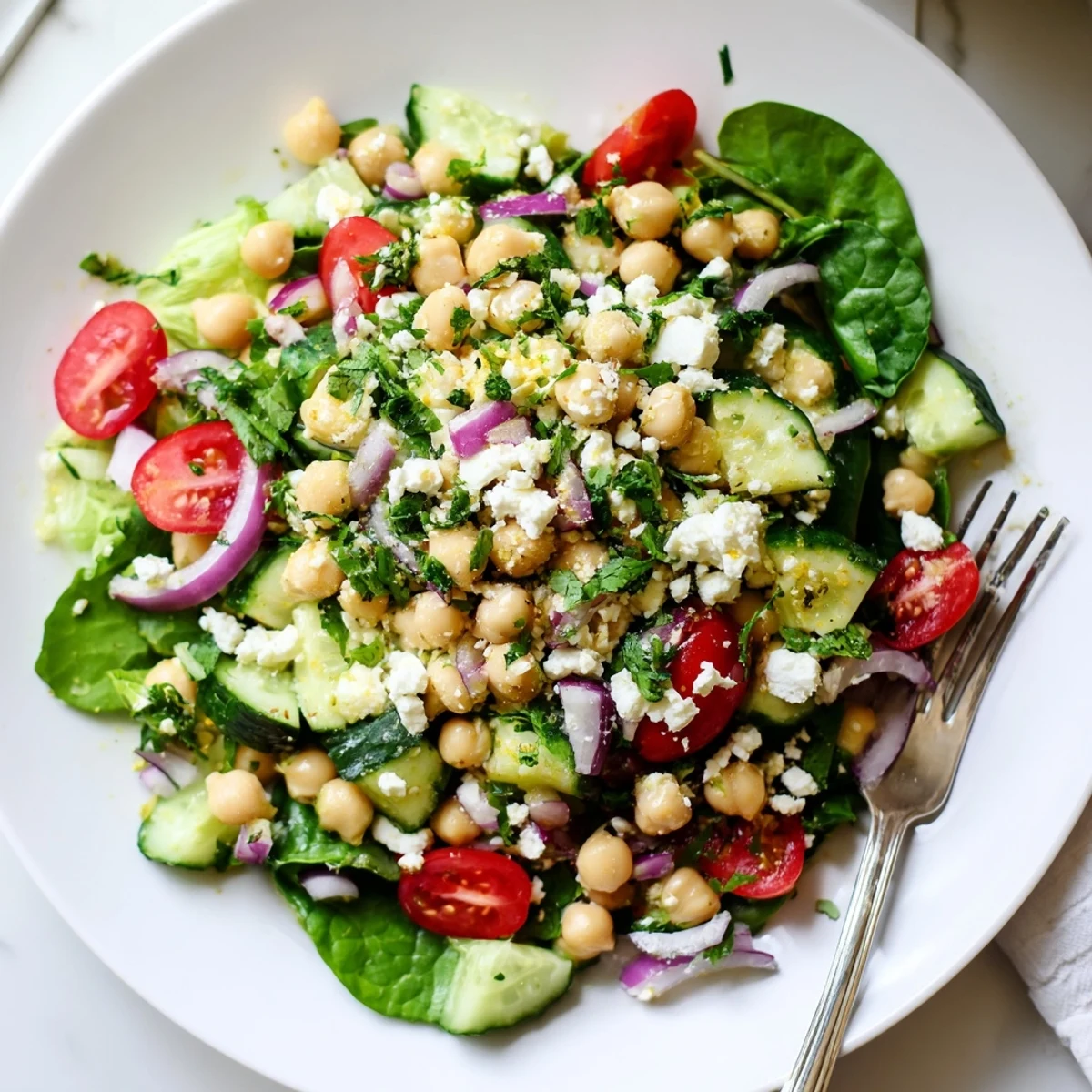 Creamy chickpea feta avocado salad in a rustic bowl with bright lemon dressing