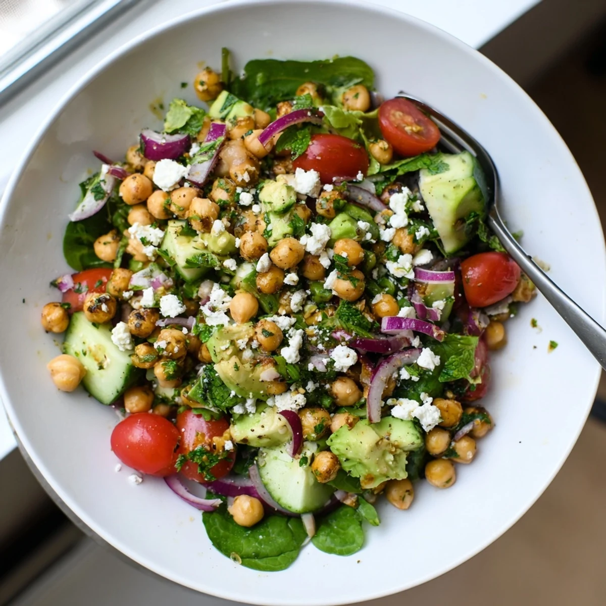 Vibrant chickpea feta avocado salad on a wooden table ready to serve