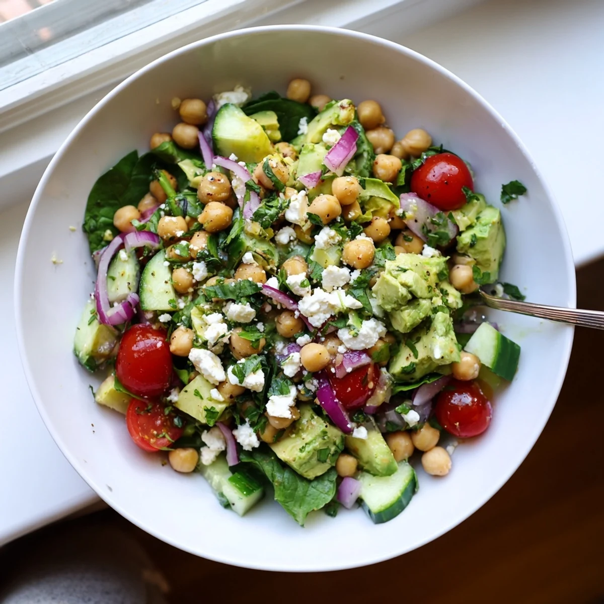 Golden chickpea feta avocado salad topped with juicy tomatoes and fresh herbs