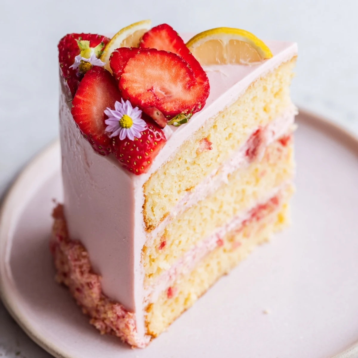 Slice of strawberry lemonade cake topped with fresh berries and lemon garnish