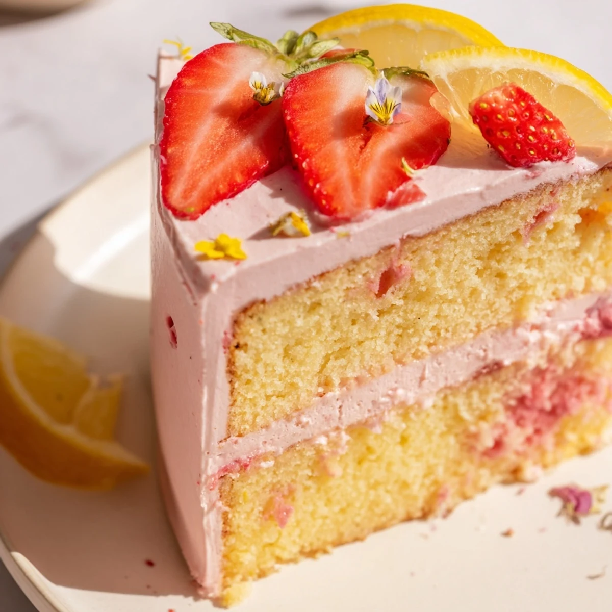 Two layer strawberry lemonade cake with creamy frosting sliced to show inside