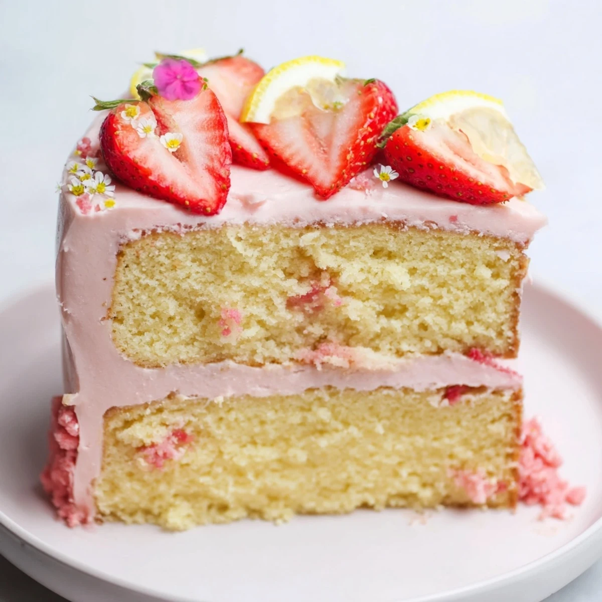 Pink frosted strawberry lemonade cake on a decorative summer dessert plate