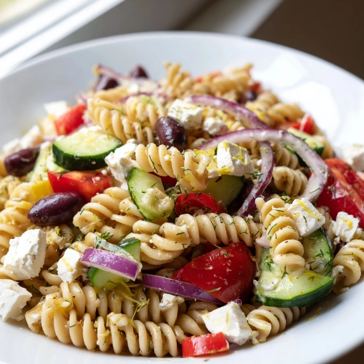 Colorful Greek Pasta Salad loaded with crisp veggies, tangy feta, and briny olives