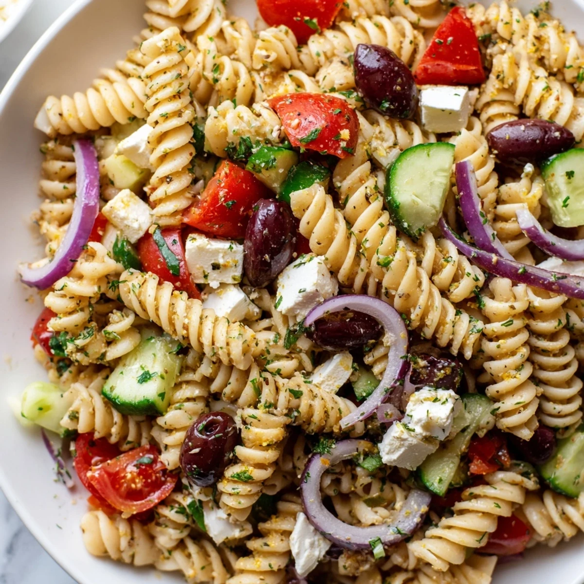 Chilled Greek Pasta Salad tossed with cucumber, bell pepper, and crumbled feta cheese