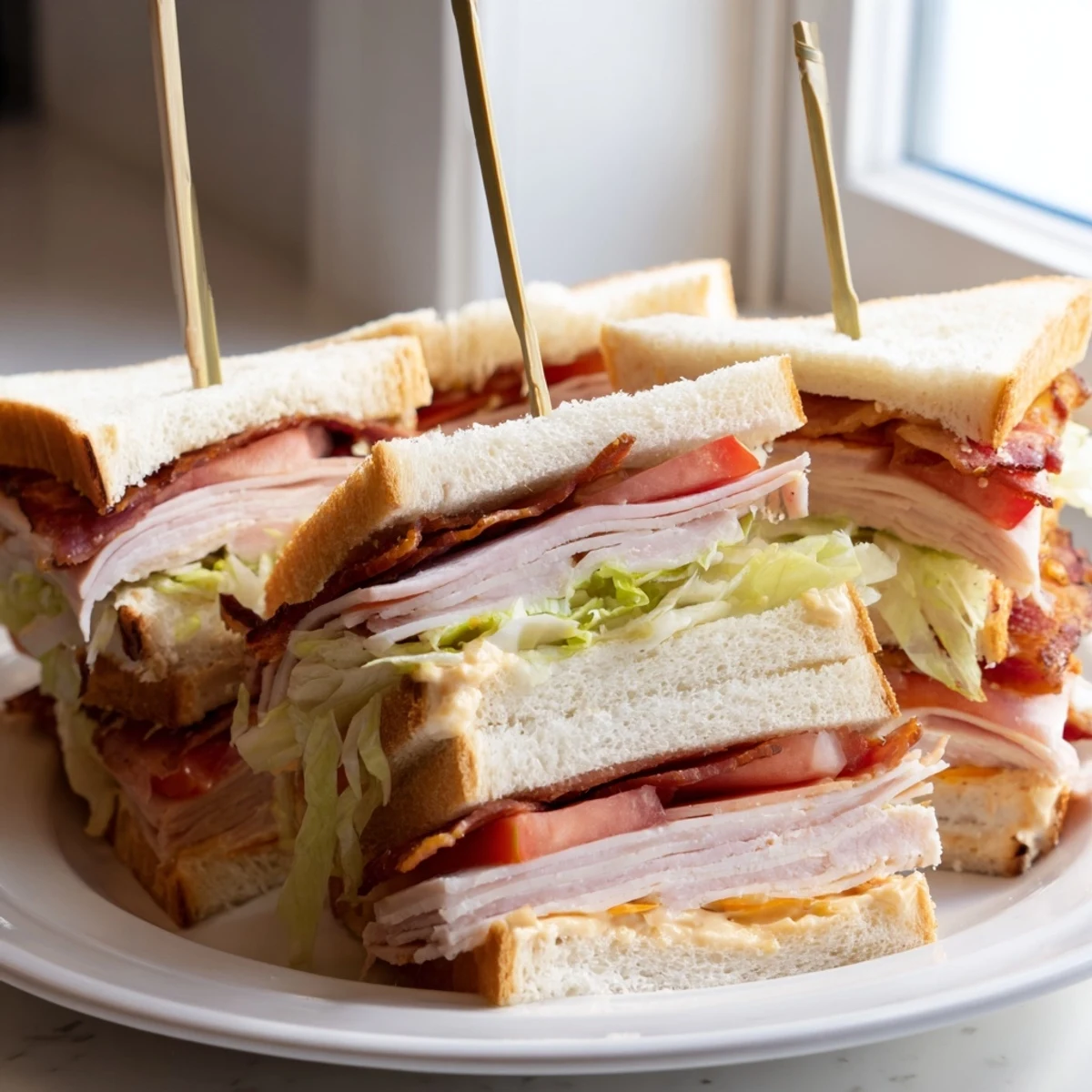 Club sandwich stacked with turkey, bacon, and fresh lettuce on toasted bread