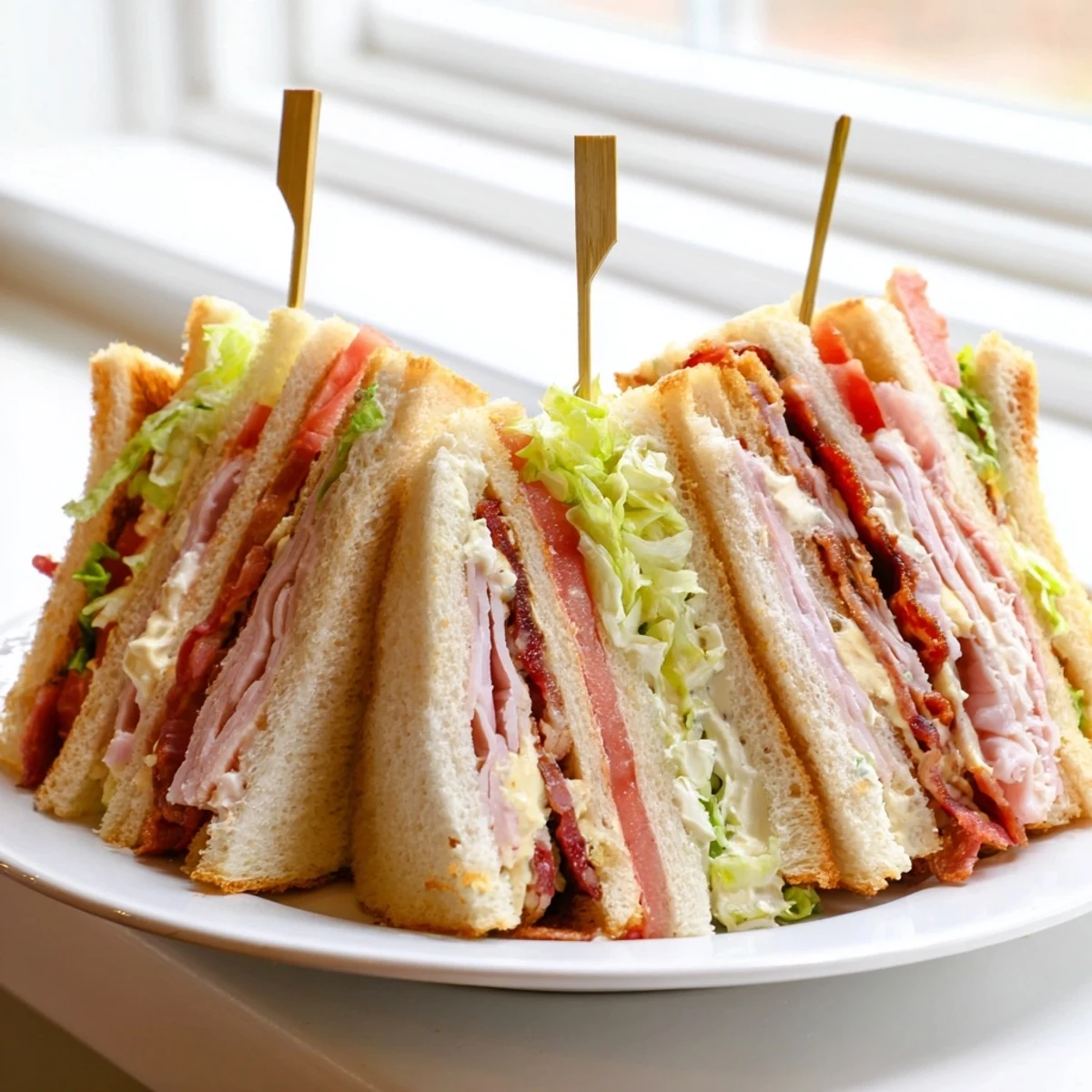 Triple-decker club sandwich layered with ham, crisp bacon, and ripe tomatoes