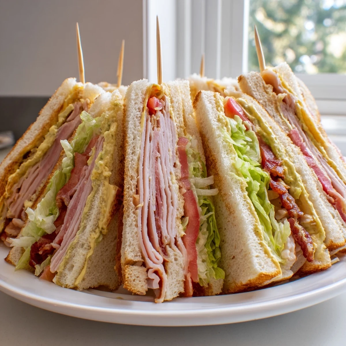 Club sandwich cut into quarters showing tender meats and creamy mayonnaise filling