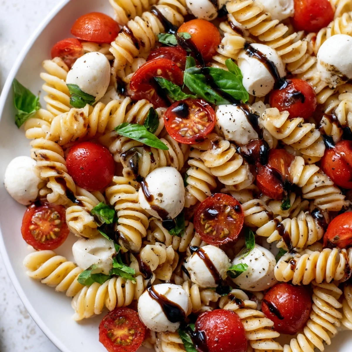 Caprese Pasta Salad with juicy tomatoes, fresh mozzarella, and balsamic glaze