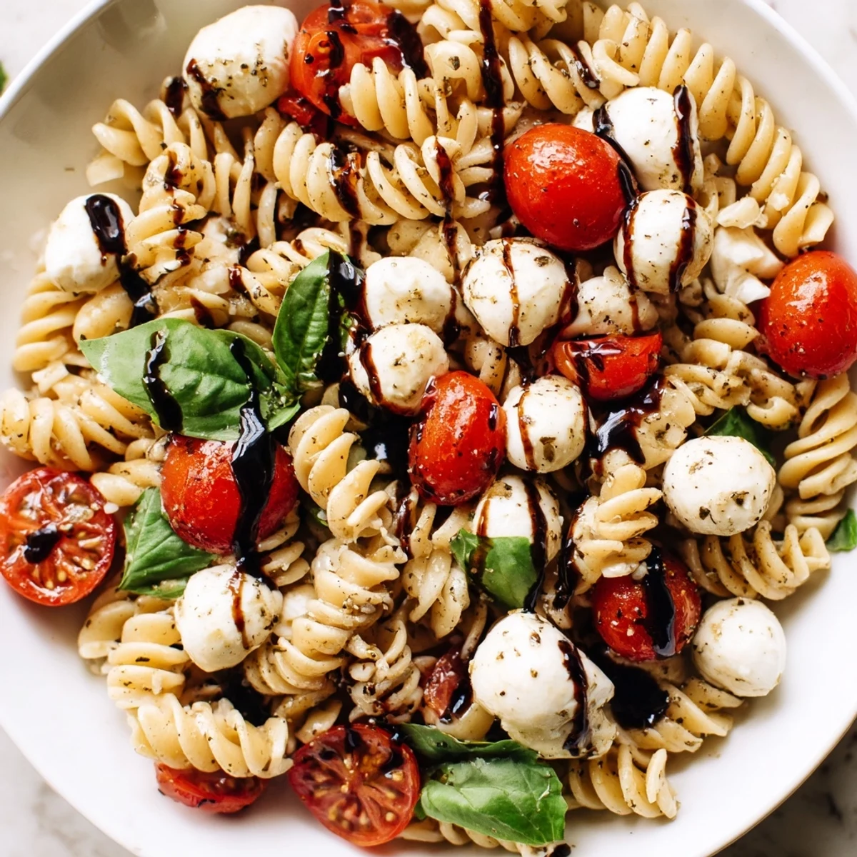 Colorful Caprese Pasta Salad tossed with basil and tender mozzarella in bowl