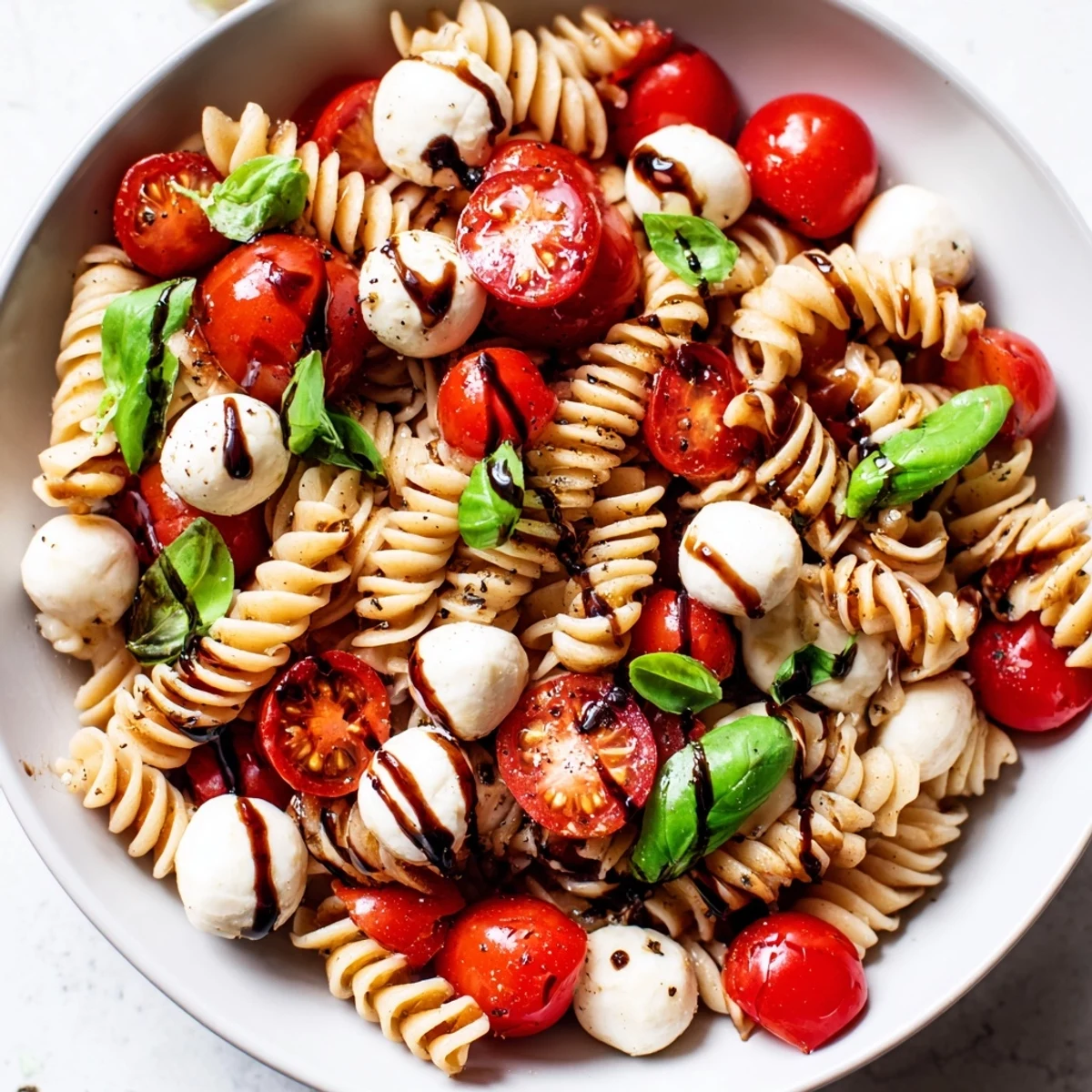 Chilled Caprese Pasta Salad drizzled with tangy balsamic over ripe cherry tomatoes