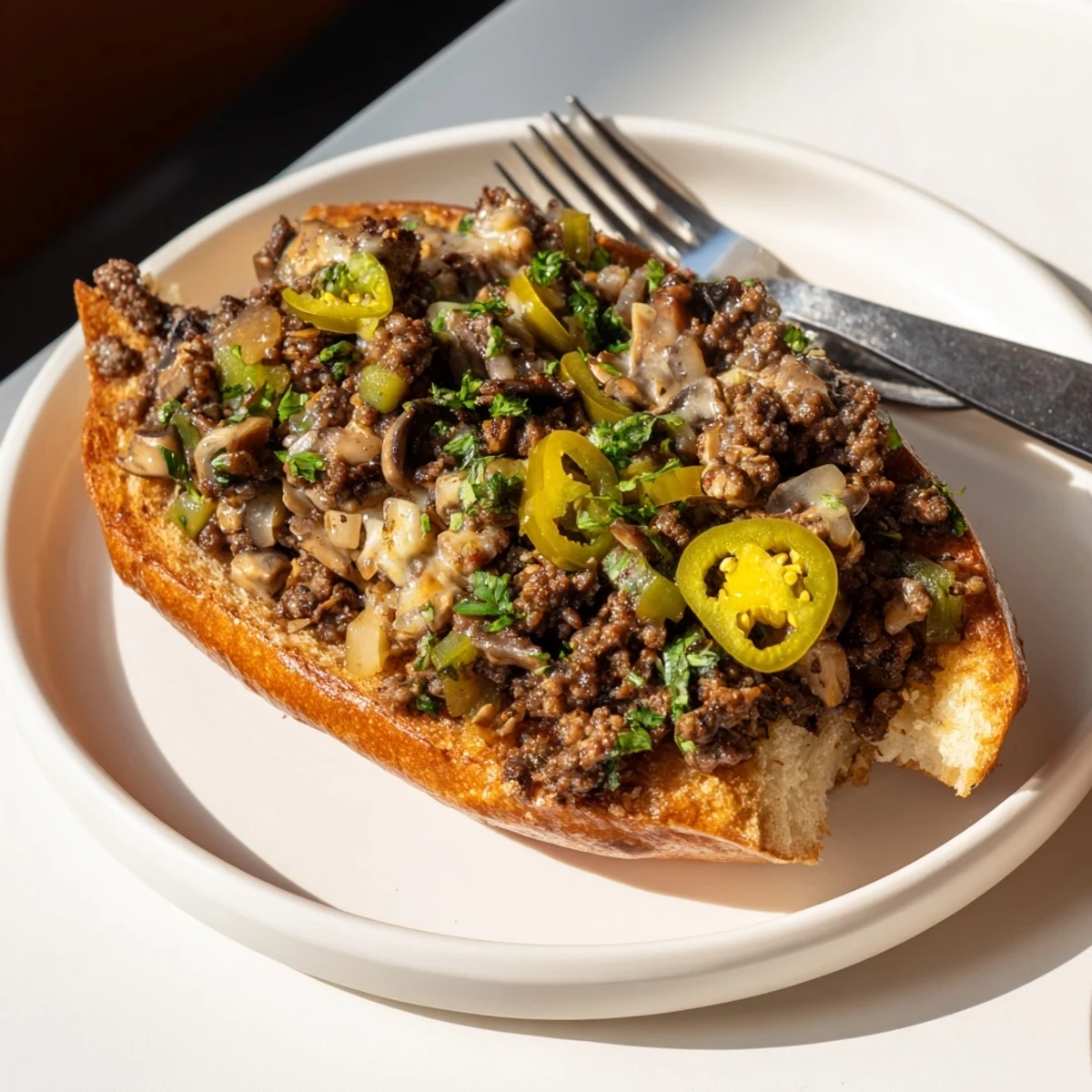 Juicy ground beef and sautéed peppers smothered in melted cheese for Cheesy Philly Sloppy Joes