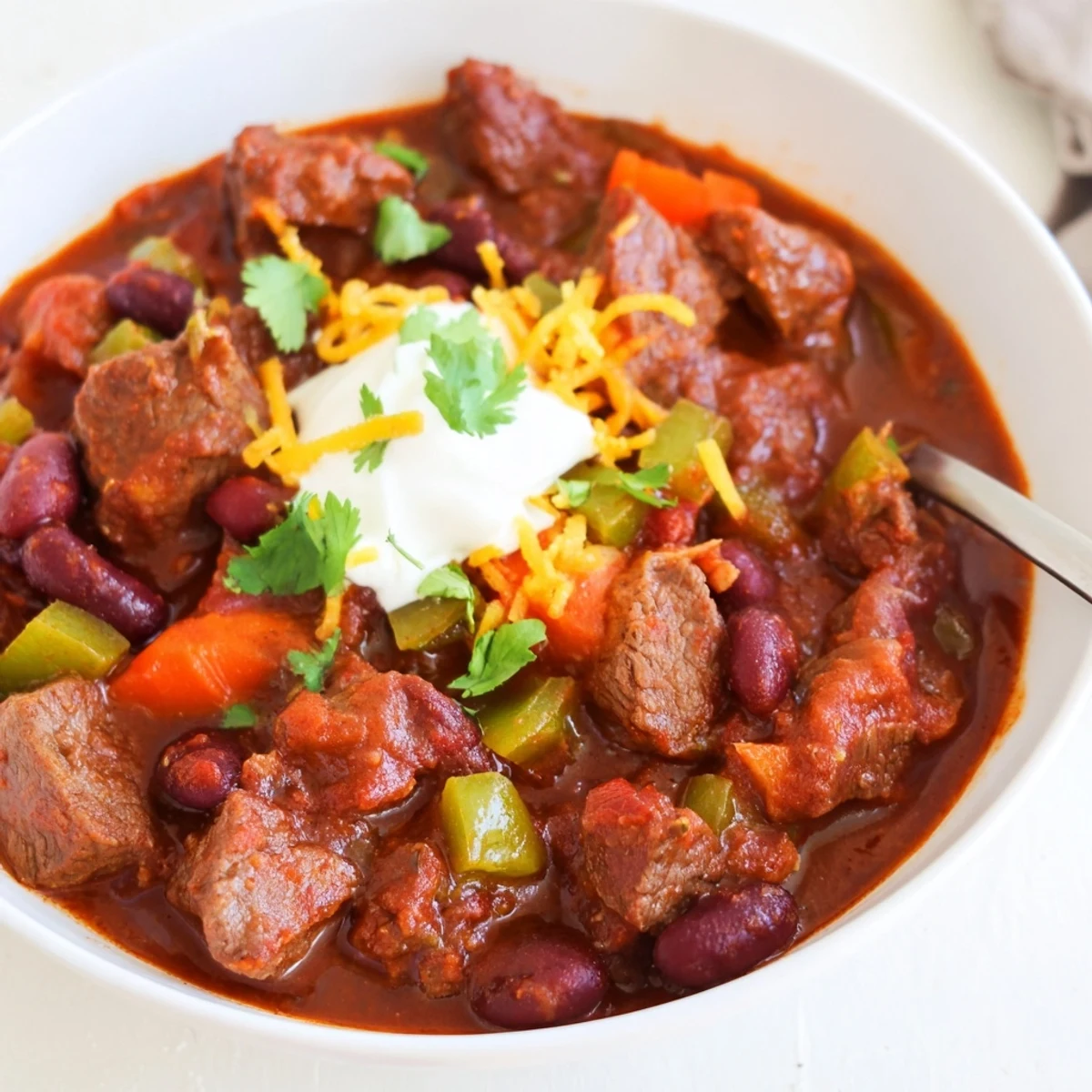 Steaming bowl of beefy chili stew with tender beef chunks and red kidney beans topped with fresh cilantro