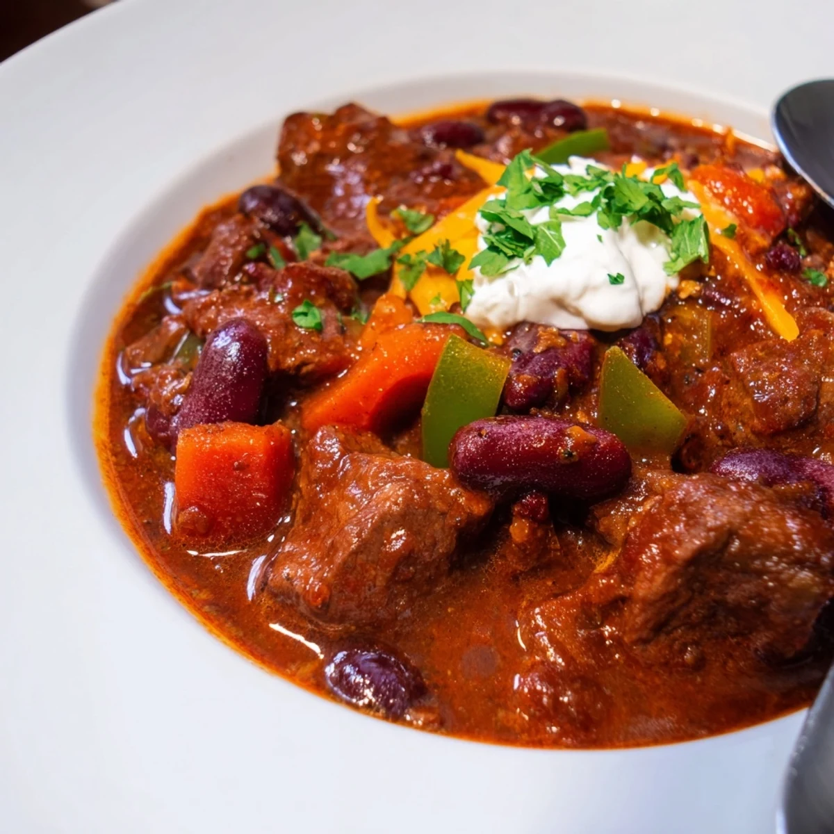 Thick beefy chili stew simmering in a cast iron pot with colorful bell peppers and carrots