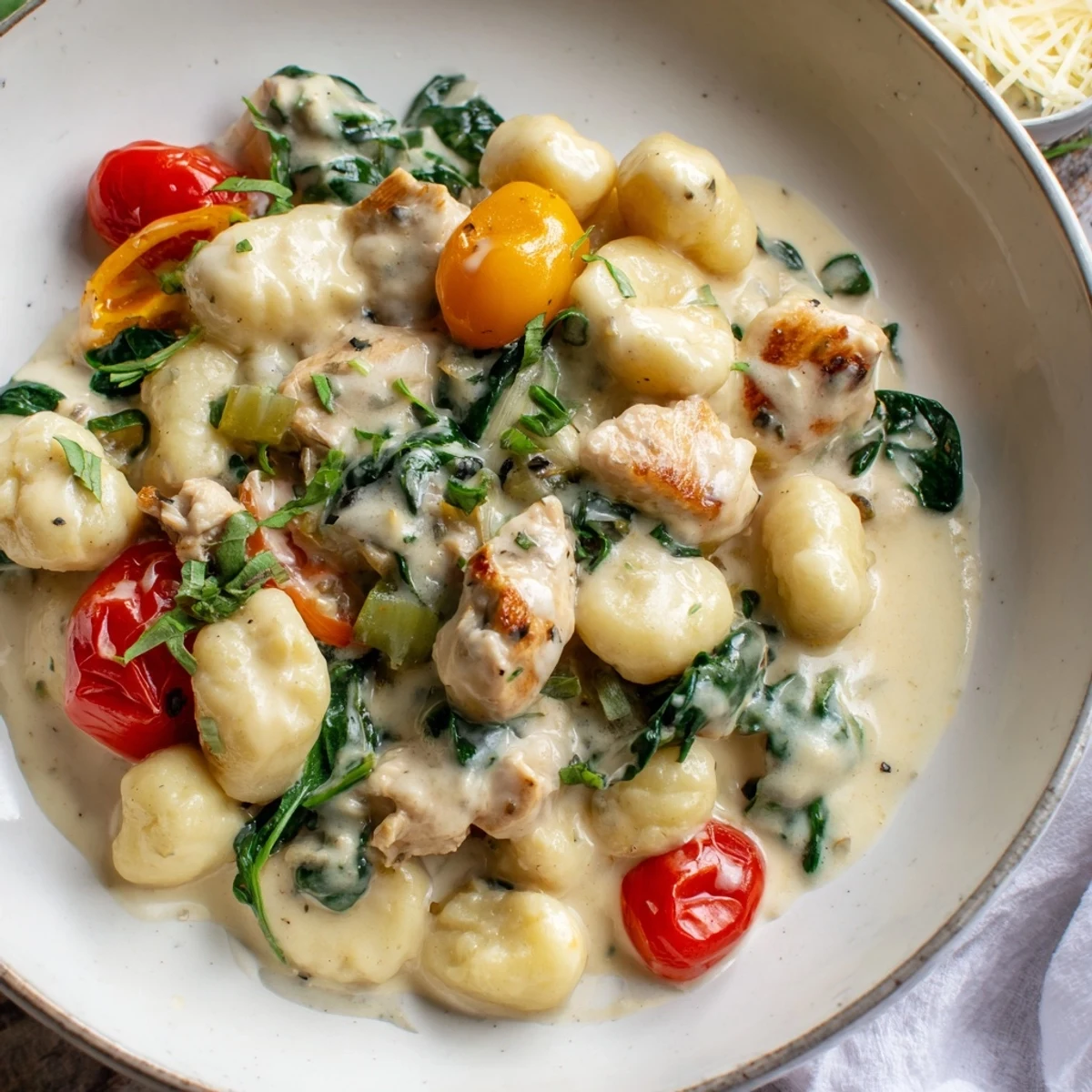 Creamy Herb Chicken Gnocchi Skillet bubbling with golden chicken and fresh herbs in a rustic cast iron pan