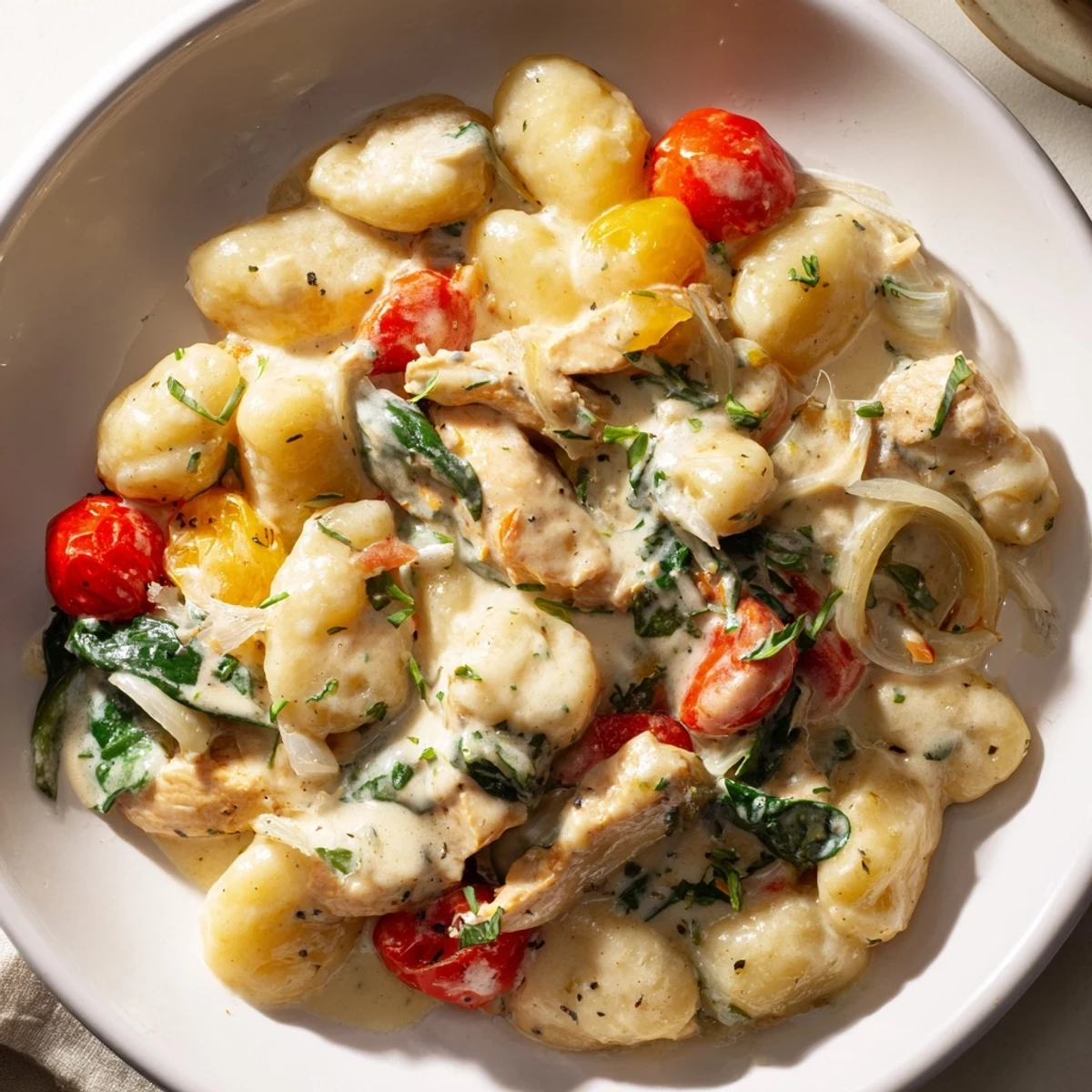Tender seared chicken and pillowy gnocchi swimming in a velvety Creamy Herb Chicken Gnocchi Skillet sauce