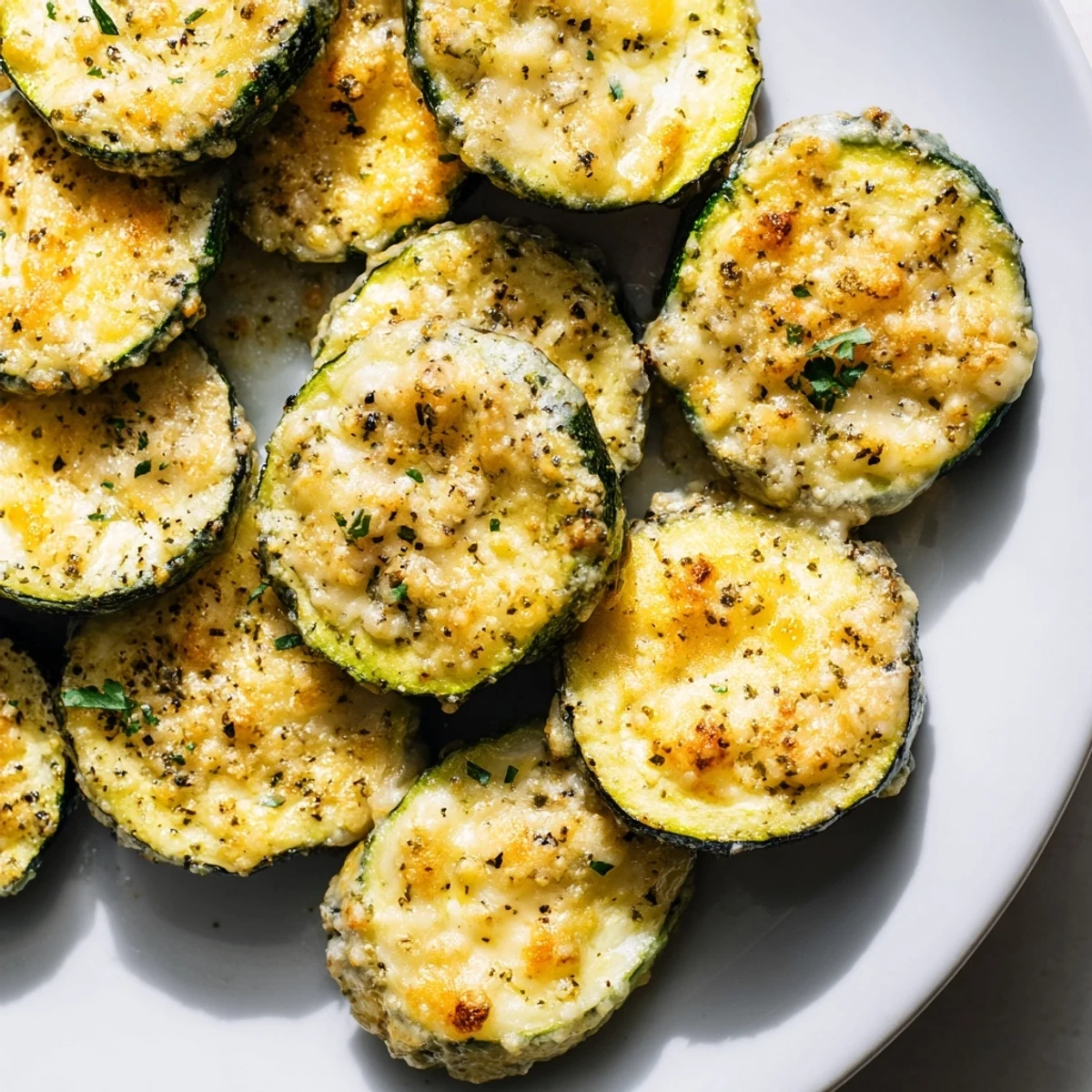 Golden baked Lemon Pepper and Parmesan Zucchini slices with melted cheese on a parchment-lined sheet