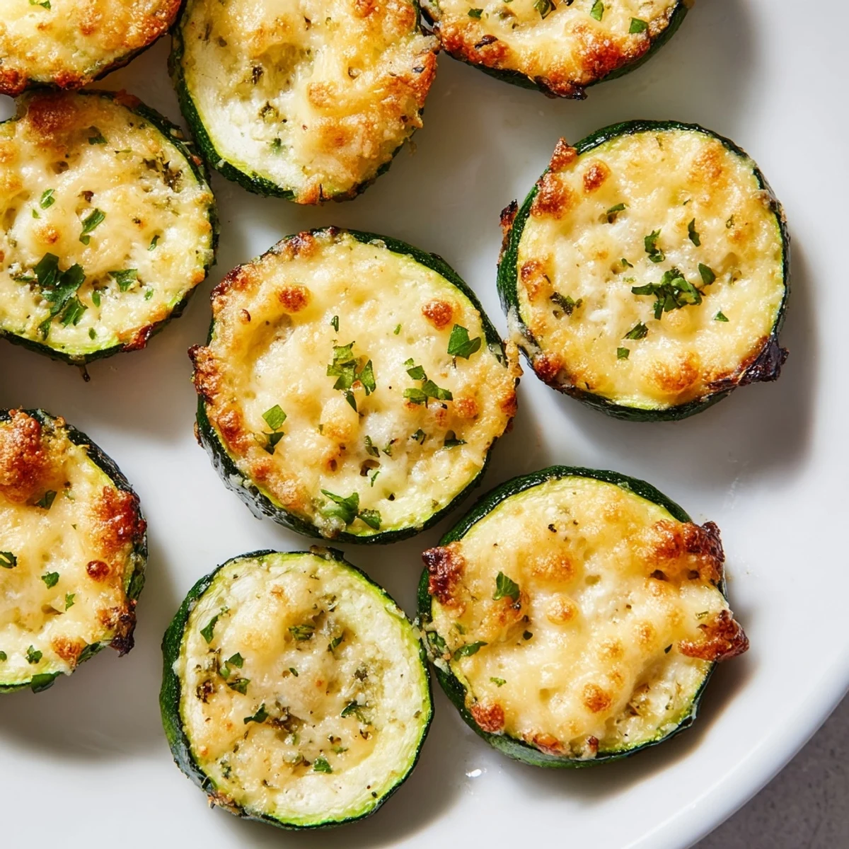 Tender Lemon Pepper and Parmesan Zucchini rounds garnished with fresh parsley on a white plate