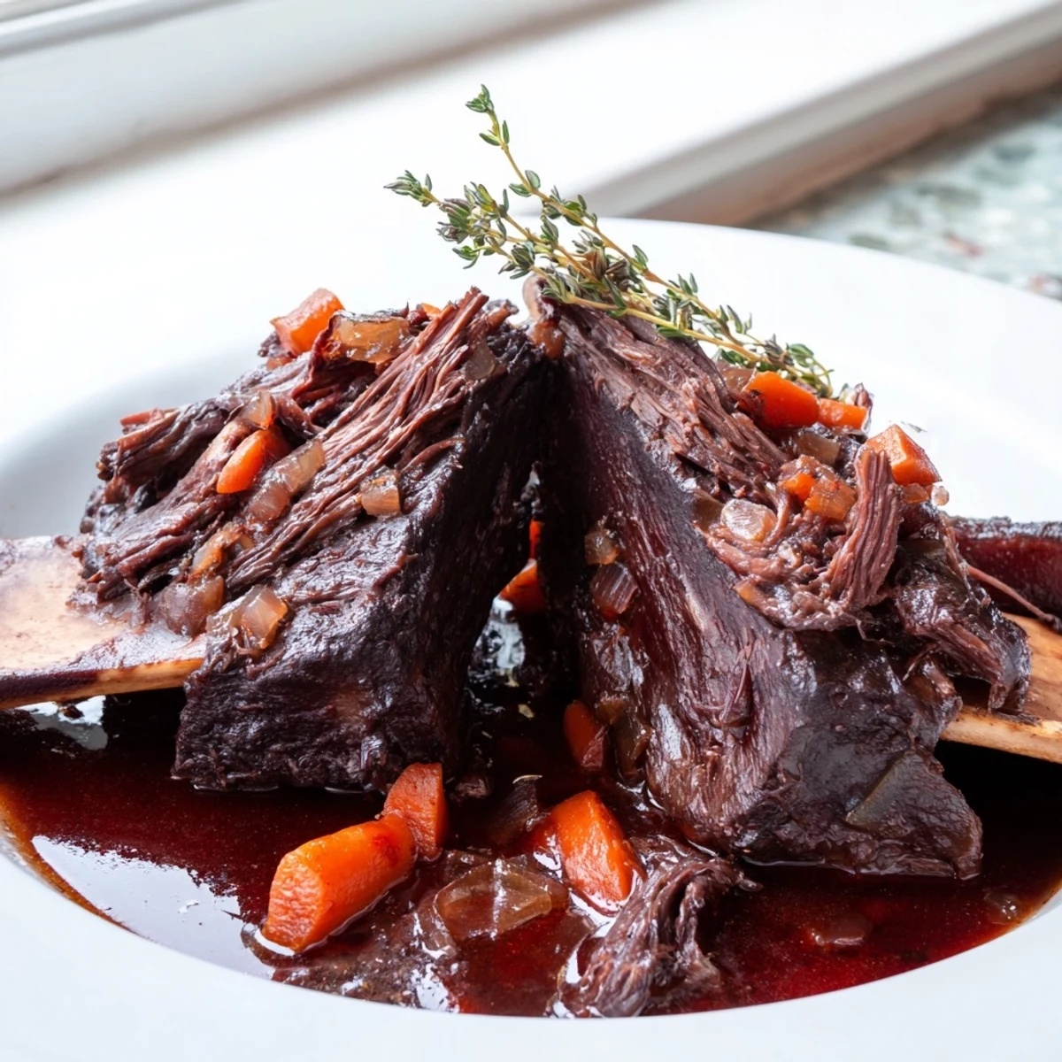 Fall-off-the-bone oven braised beef short ribs glistening with rich red wine reduction sauce