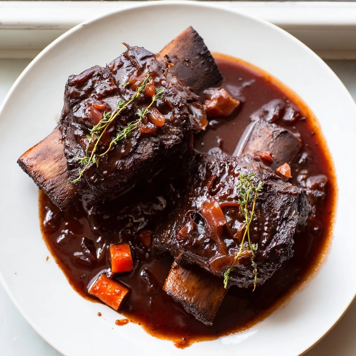 Tender oven braised beef short ribs nestled atop creamy mashed potatoes with herb garnish