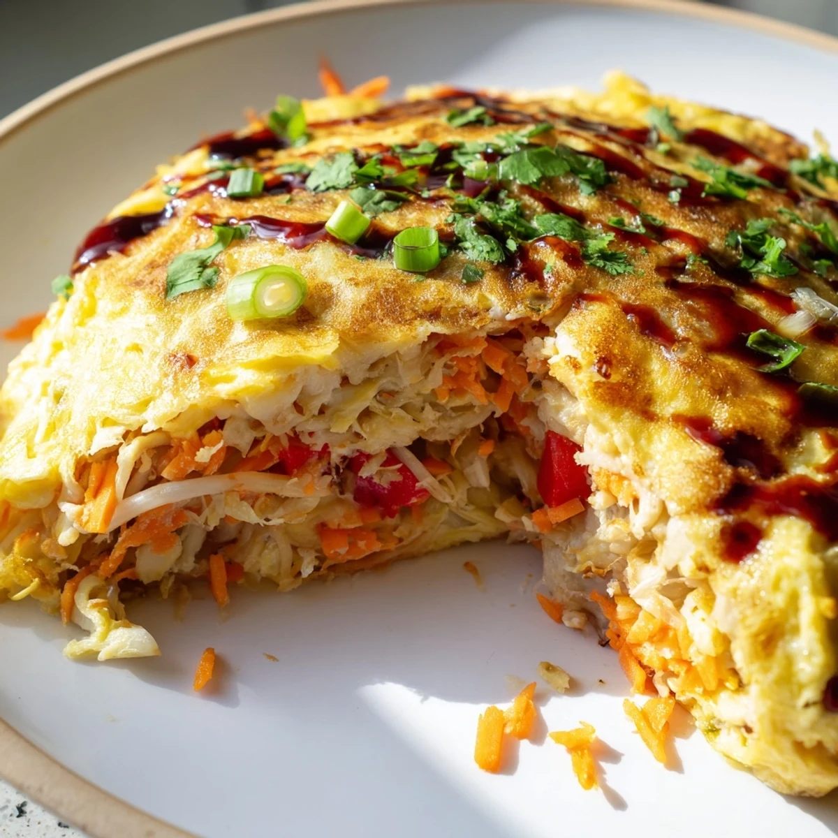 Golden Chinese omelette filled with crisp vegetables and topped with fresh scallions on a white plate