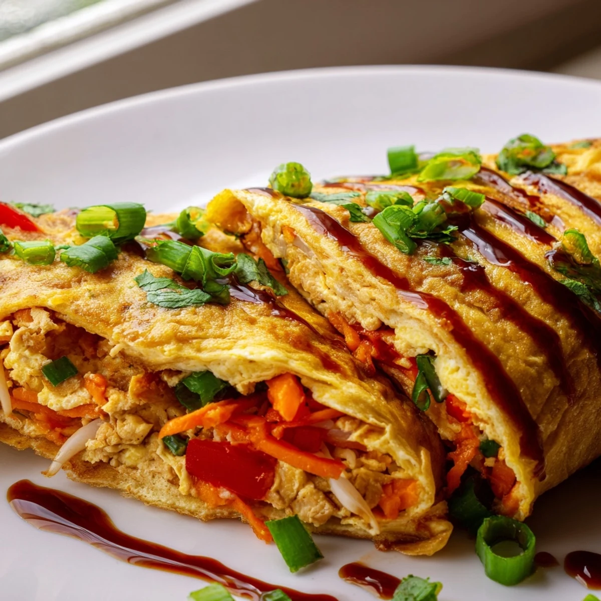 Fluffy Chinese omelette folded over colorful bell peppers, bean sprouts, and shredded carrots, steaming hot